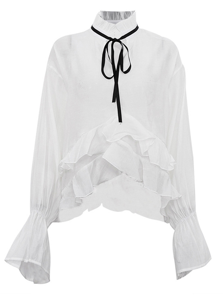 White Ruffle Hem Tie Neck Blou - Fashion Street Night avis et prix