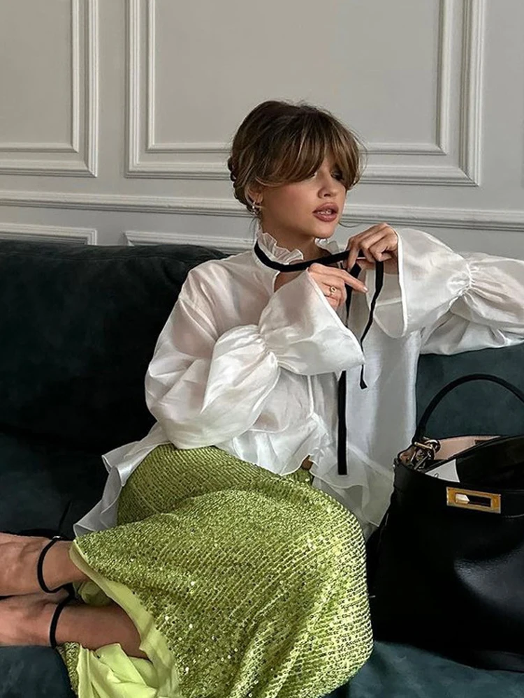 White Ruffle Hem Tie Neck Blou - Fashion Street Night avis et prix